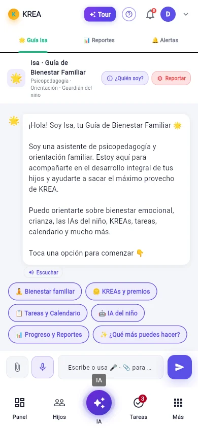 Chat con Isa, la guía de bienestar familiar de KREA Family, con temas como bienestar, premios y calendario