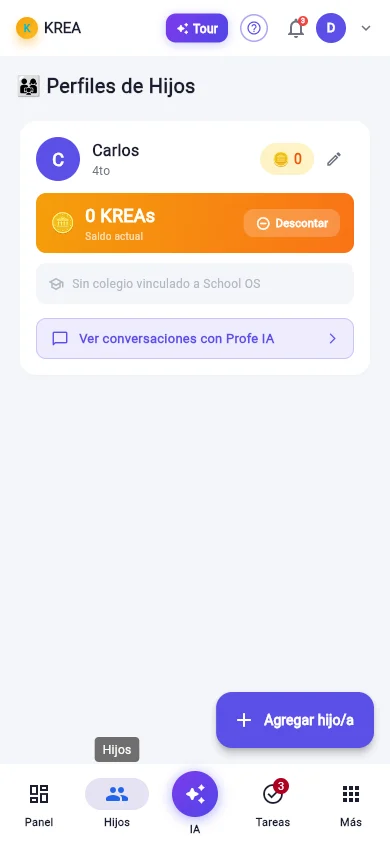 Perfil de un hijo en KREA Family con su saldo de KREAs y acceso a sus conversaciones con el Profe IA