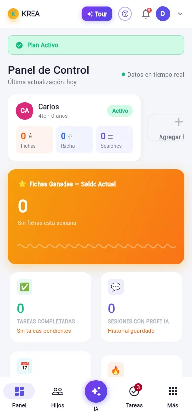 Panel de control de KREA Family con el perfil de un hijo, sus fichas, racha y sesiones con el Profe IA